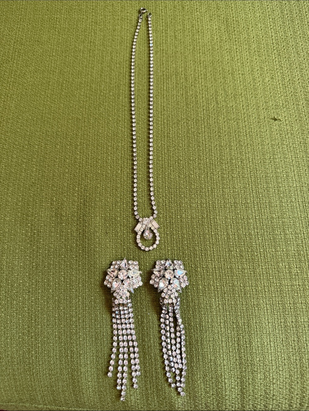 Crystal Drop Necklace and Tassel Earrings Set - Silver Tone